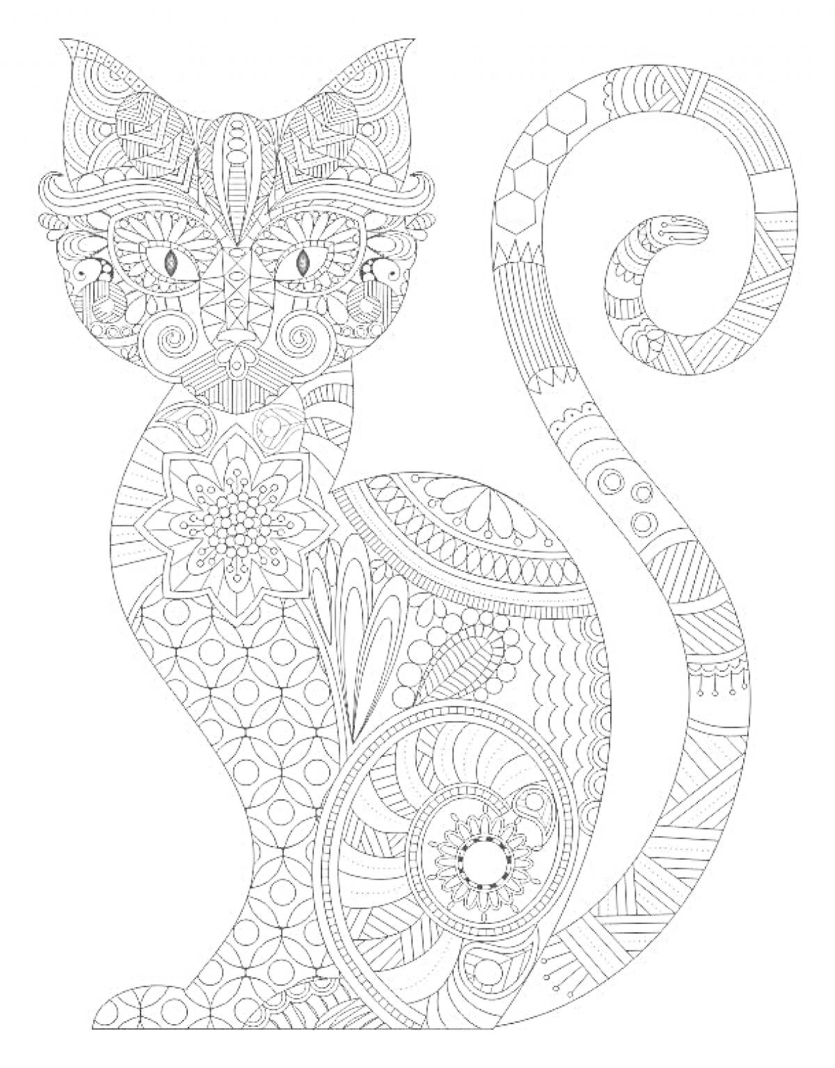 Раскраска Антистресс раскраска кошка с узорами: цветы, геометрические фигуры, волнистые линии, завитки