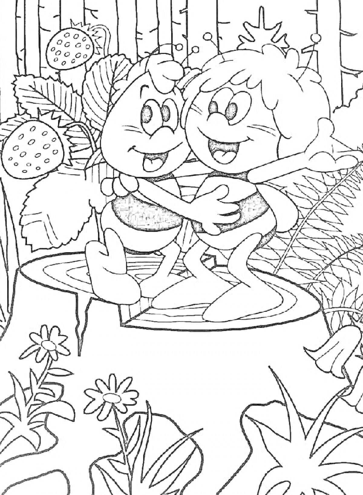 Раскраска Две улыбающиеся пчелы обнимаются на пеньке, окруженные растениями и цветами