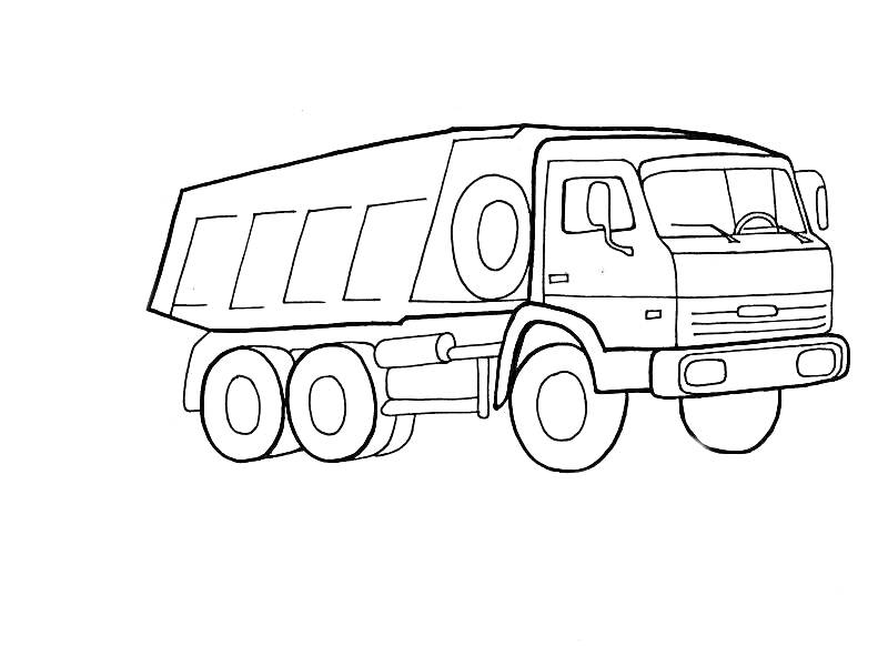 Раскраска Камаз-самосвал с крупными колесами и кабиной