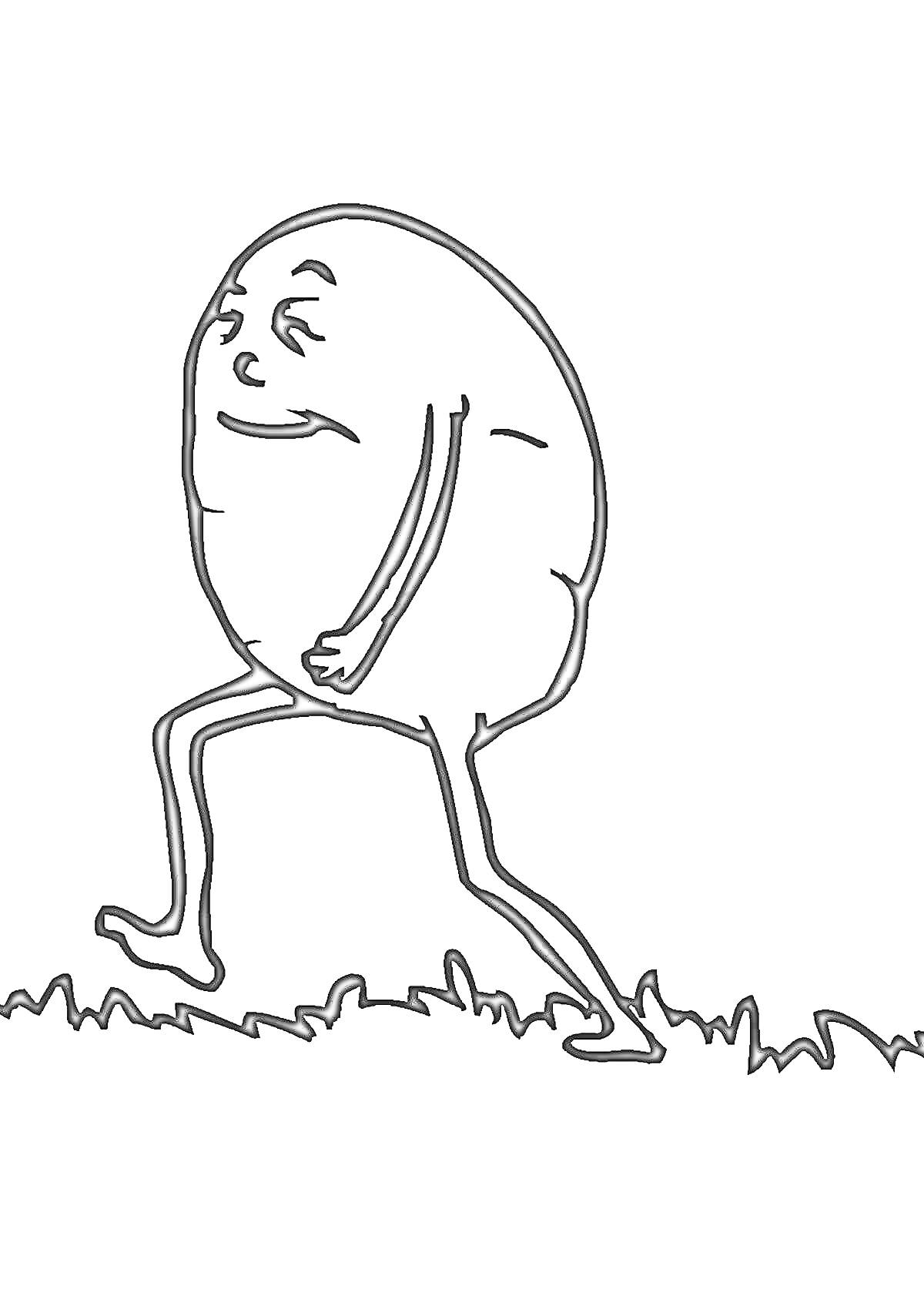 Карикатурный картофель, идущий по траве