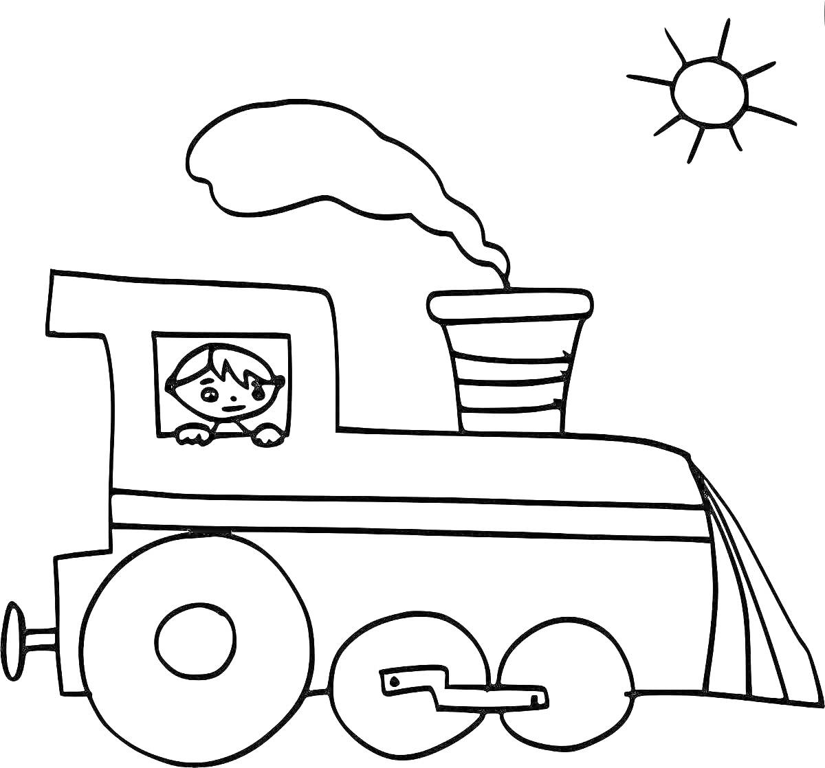 На раскраске изображено: Машинист, Пар, Солнце, Транспорт, Поезд, Дым