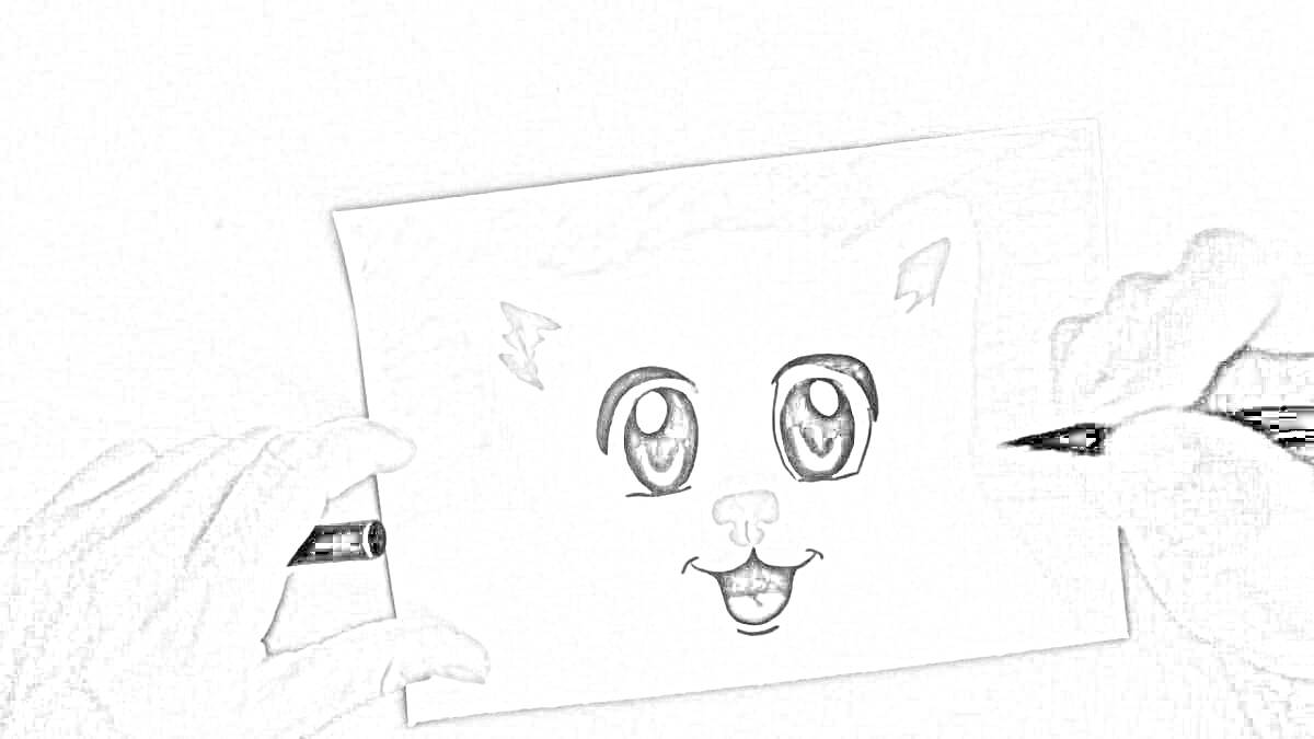 Раскраска Рисование мордочки котёнка с большими глазами