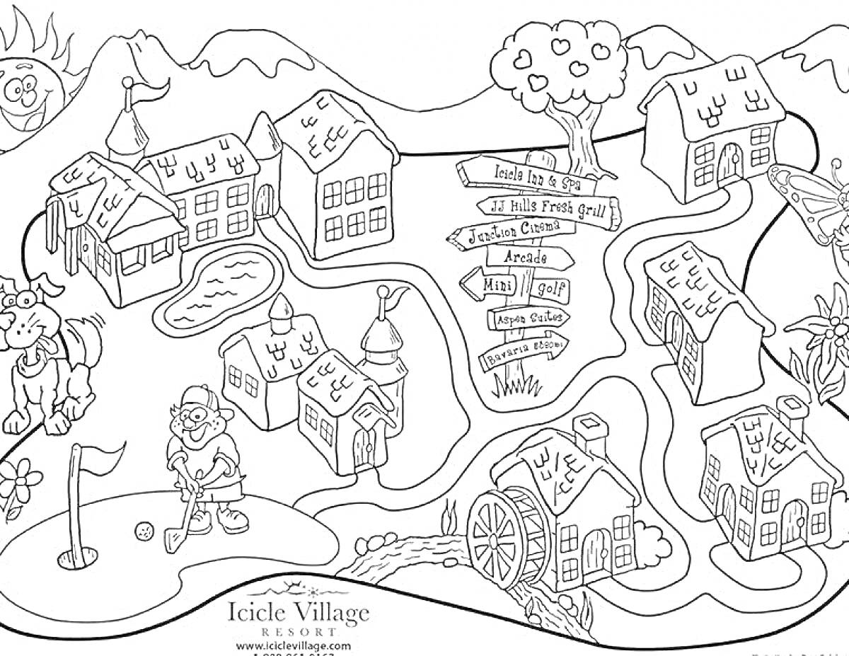 Раскраска Карта Icicle Village с домами, дорогами, указателями, деревьями, собакой, мельницей и человеком, играющим в гольф