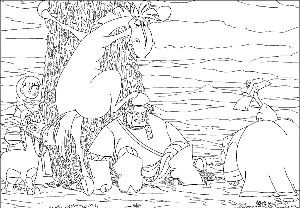 На раскраске изображено: Алёша Попович, Тугарин Змей, Лошадь, Богатырь, Оружие