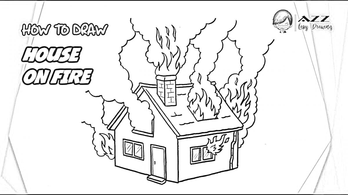 На раскраске изображено: Дом, Пожар, Огонь, Крыша, Окна, Дымоход, Кусты