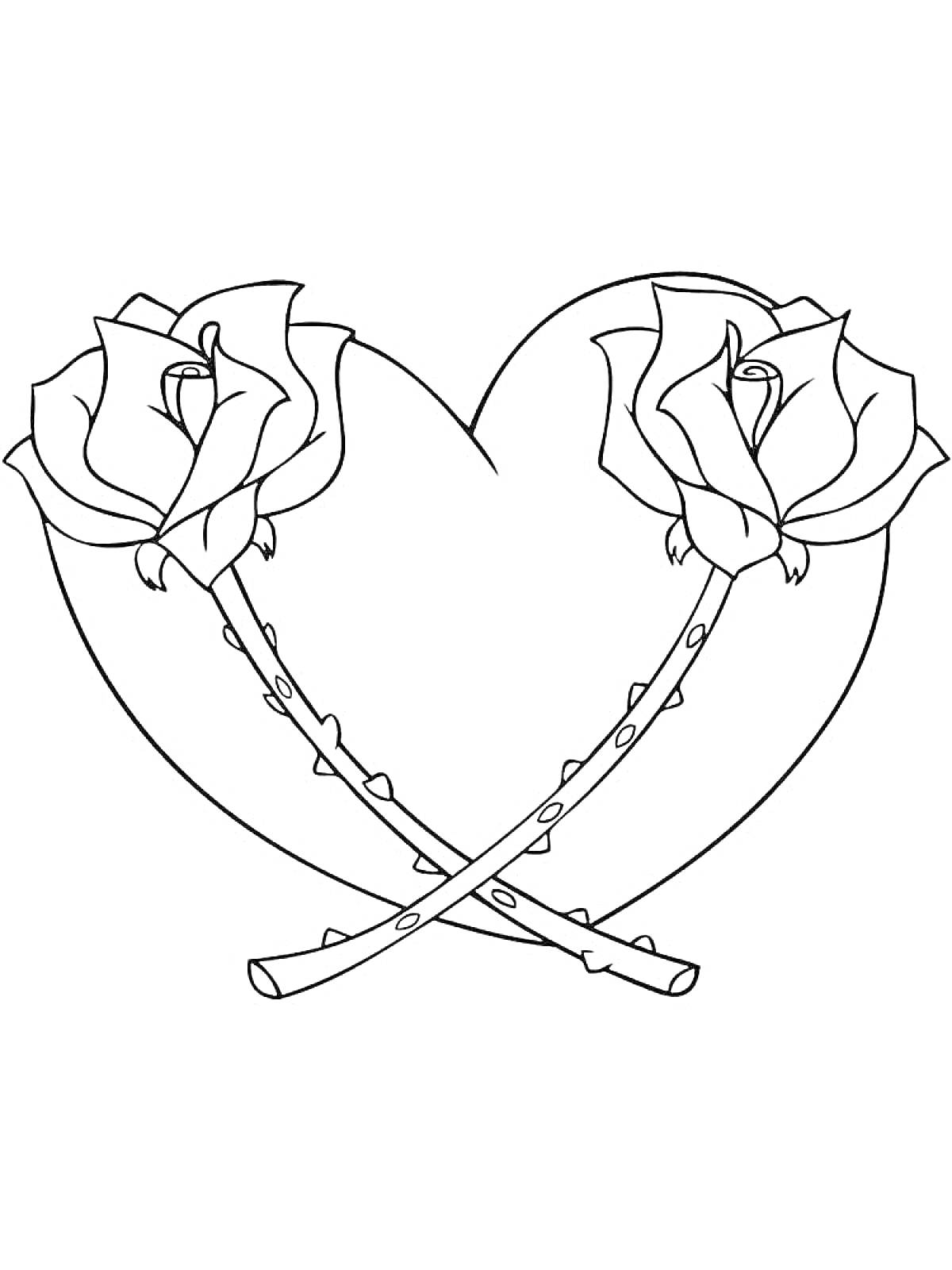 Раскраска Сердце с двумя перекрещенными розами