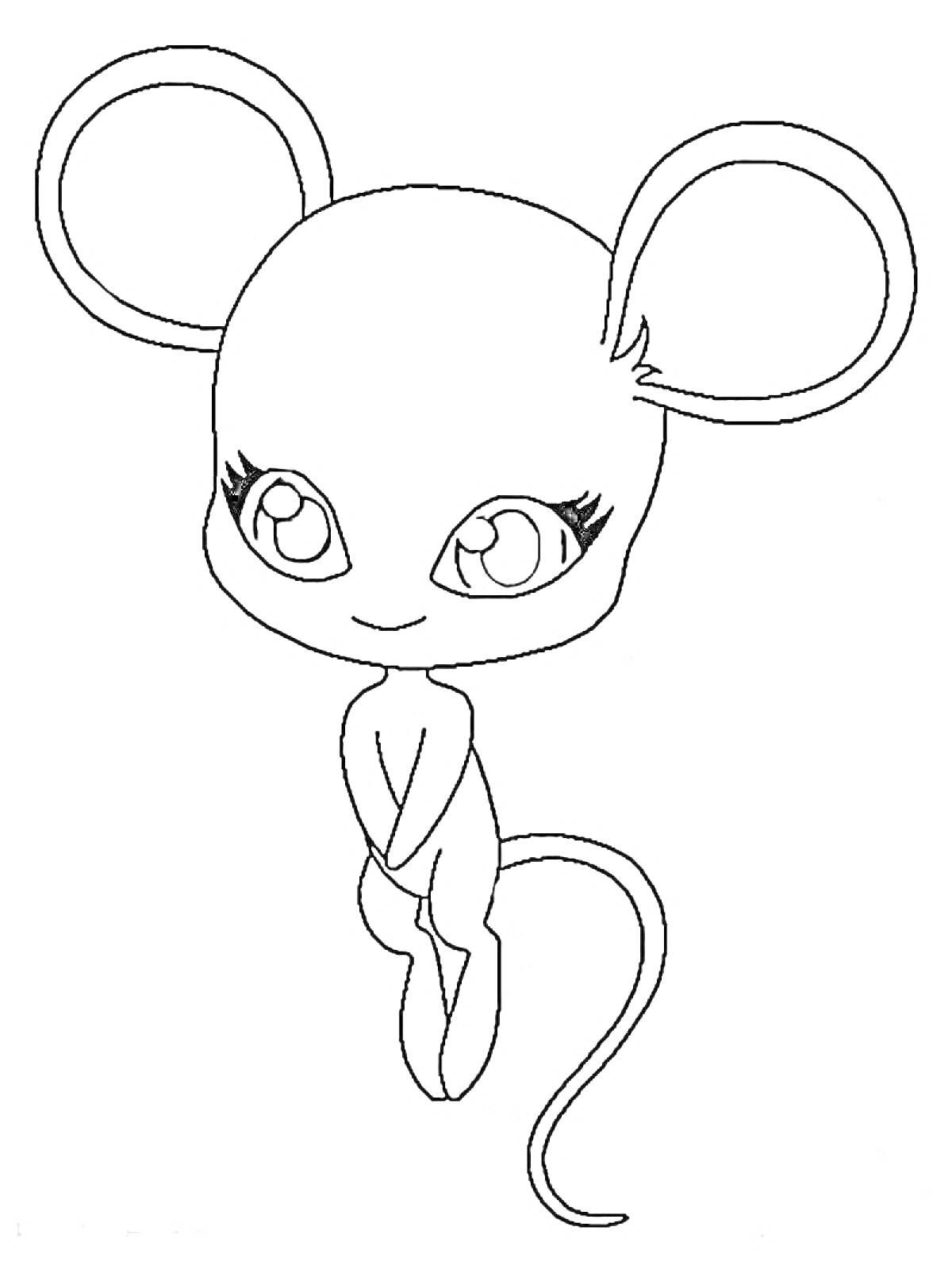 Раскраска Квами мыши с большими ушами, длинным хвостом и большими глазами.