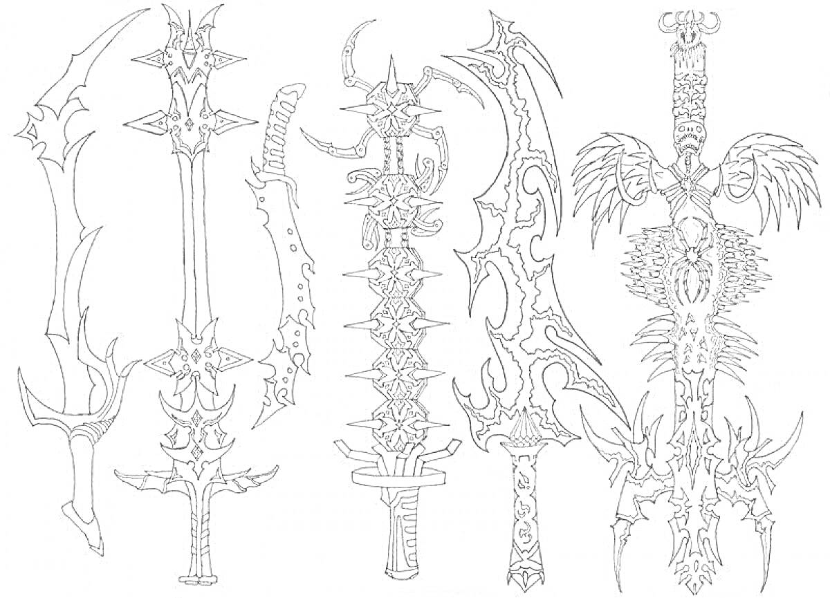 Раскраска Коллекция фантазийных клинков, включая меч с шипами, серповидный клинок, клинок с крыльями и несколько декоративных мечей.