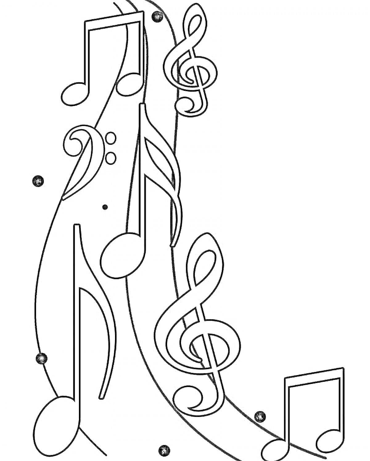 На раскраске изображено: Нотки, Скрипичный ключ, Музыкальные ноты, Музыка, Для детей