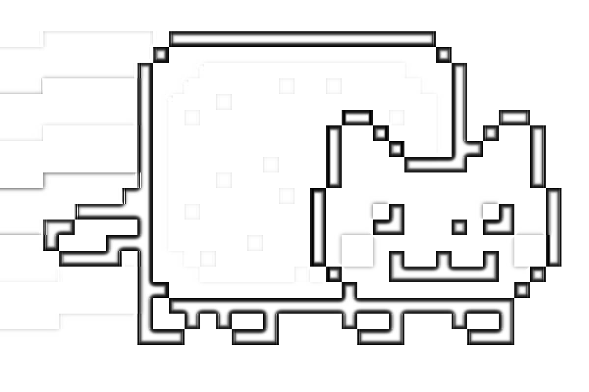 Раскраска Пиксельный кот с телом в виде пончика и хвостом, оставляющим след