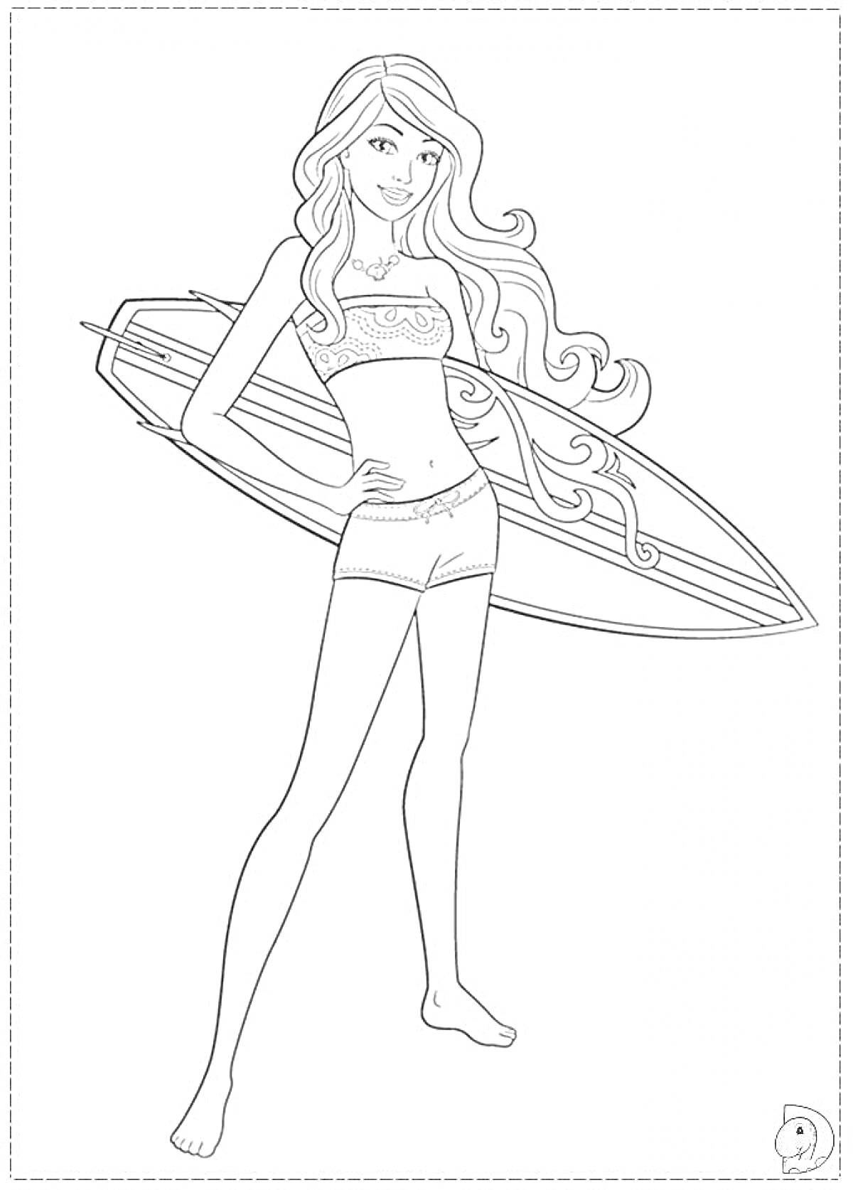 На раскраске изображено: Барби, Серфинг, Пляж, Длинные волосы, Орнамент