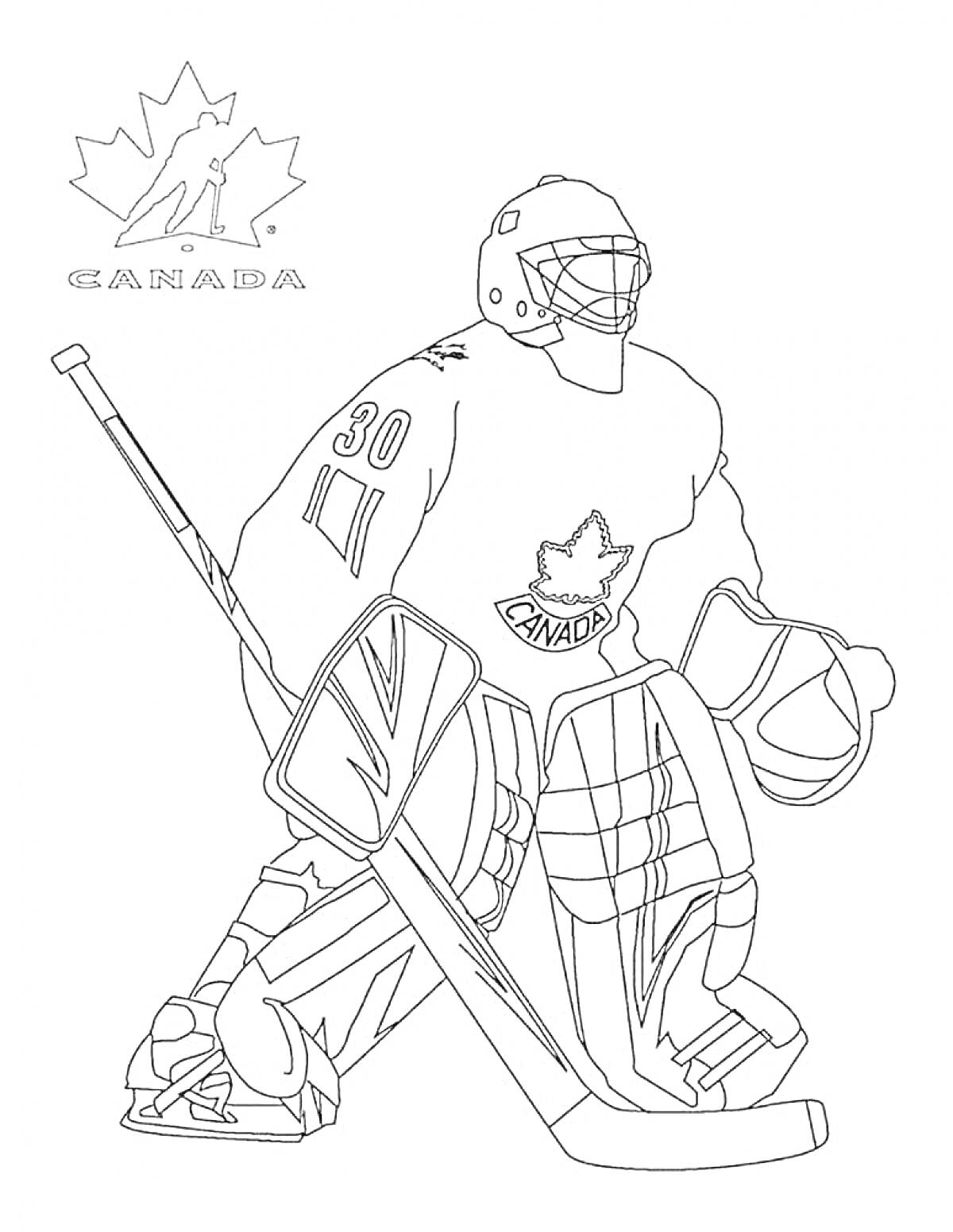Канадский хоккейный вратарь в экипировке с клюшкой и логотипом Канады на форме