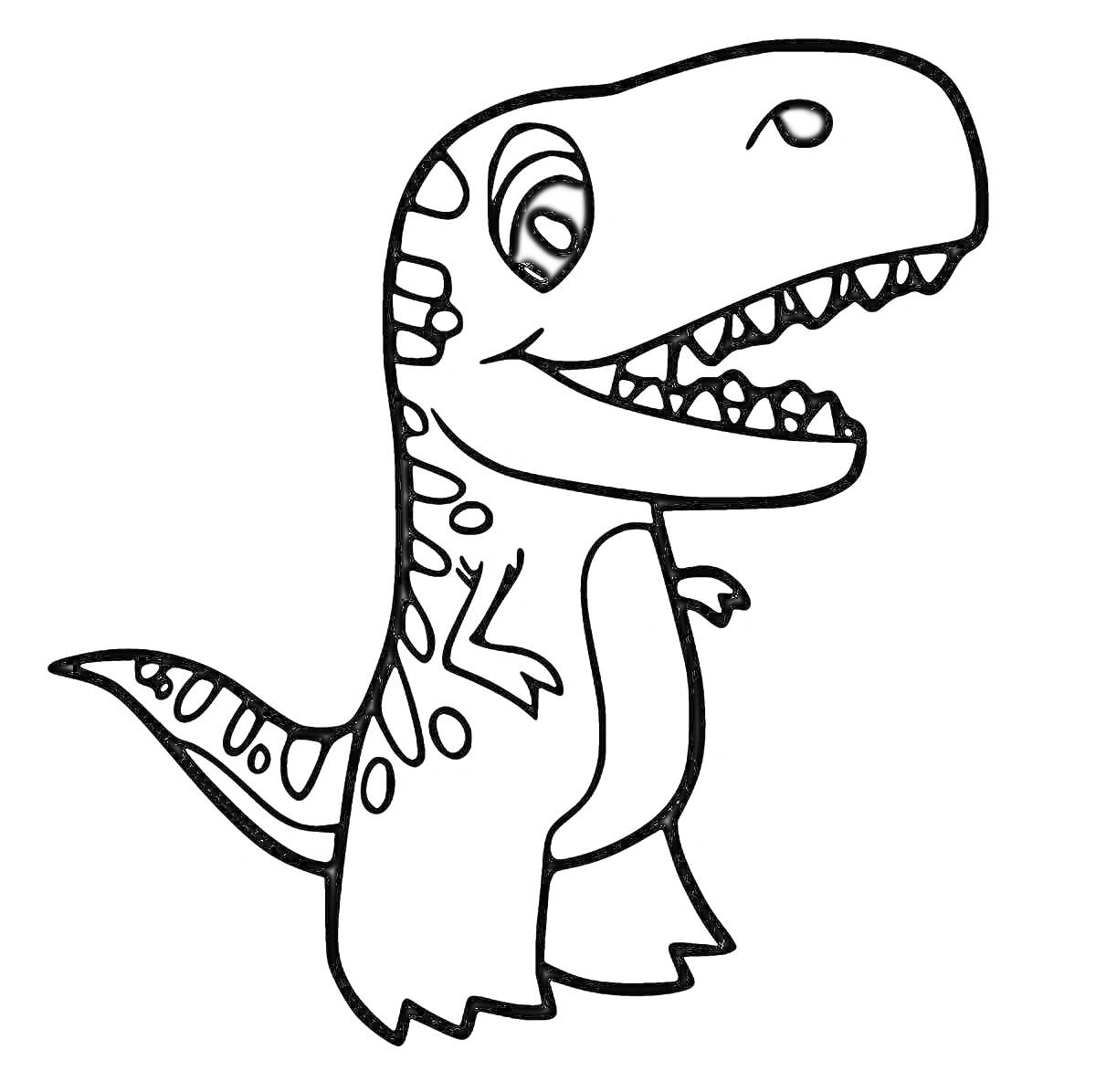На раскраске изображено: Динозавр, Тираннозавр рекс, Малыш, Мультяшный динозавр, Узоры, Хвост, Улыбка