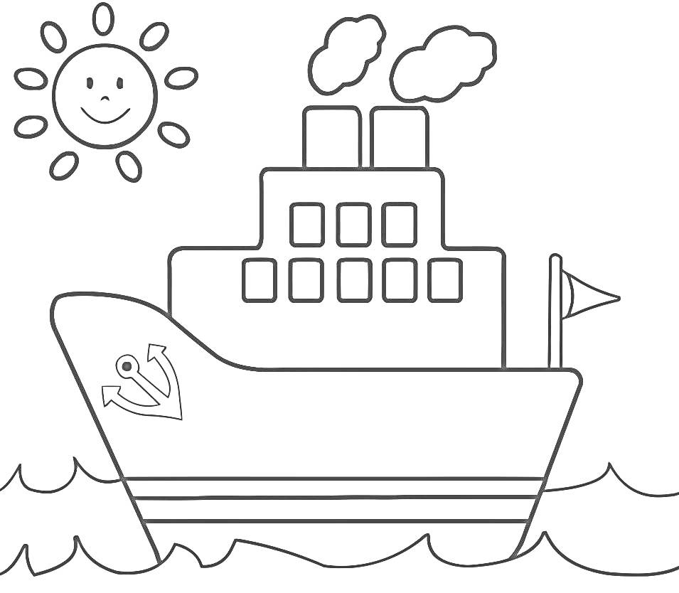 На раскраске изображено: Корабль, Море, Флаг, Солнце, Волны, Пароход, Транспорт, Для детей, Якоря
