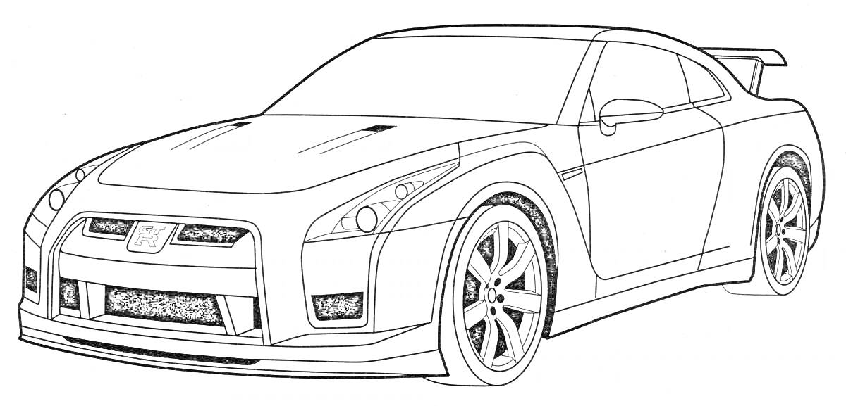 Раскраска Рисунок спортивного автомобиля с деталями кузова, колёсами и спойлером