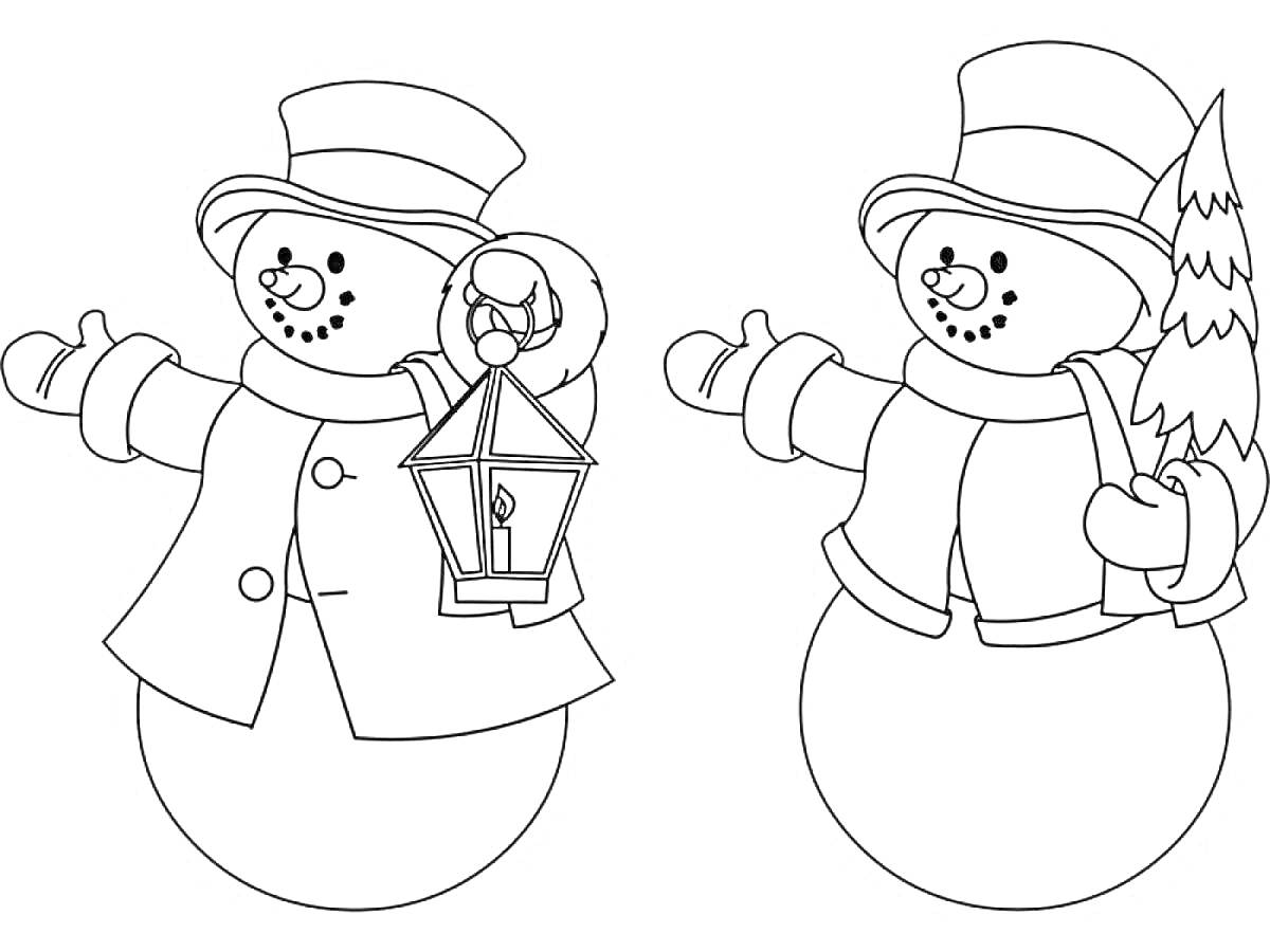 Раскраска два снеговика, фонари, елка, рождественские шляпы