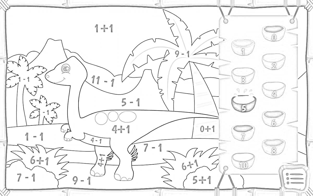 На раскраске изображено: Динозавр, Математика, Для малышей, Природа, Обучение, Цифры, Арифметика, Игра, Задания