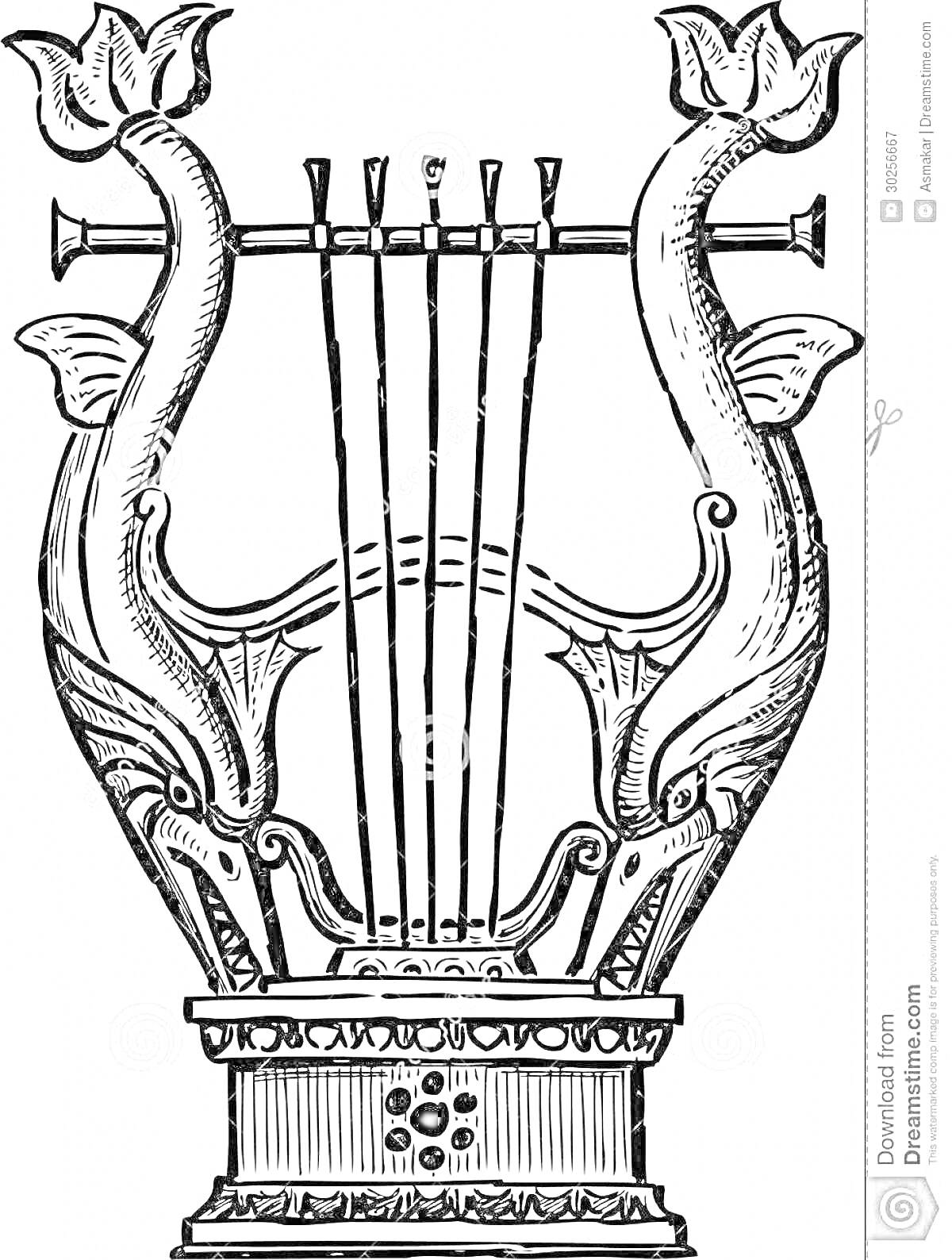Раскраска Лира с украшениями в виде дельфинов и цветков