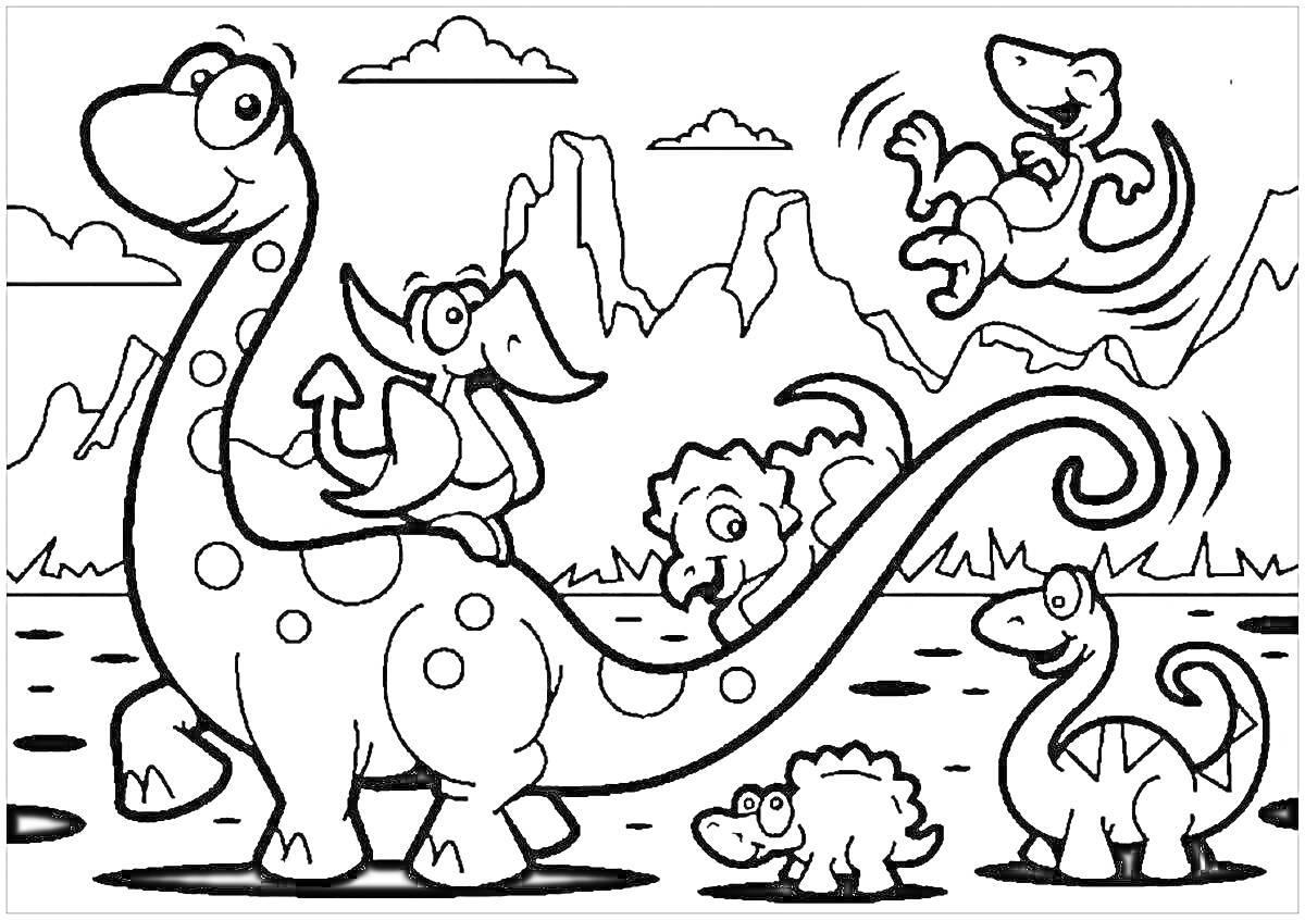 Раскраска Динозавры на прогулке в гористой местности со своими детёнышами под облаками