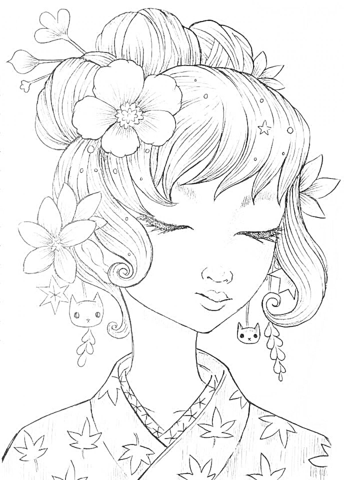Раскраска Девушка с цветами и кошачьими украшениями в волосах