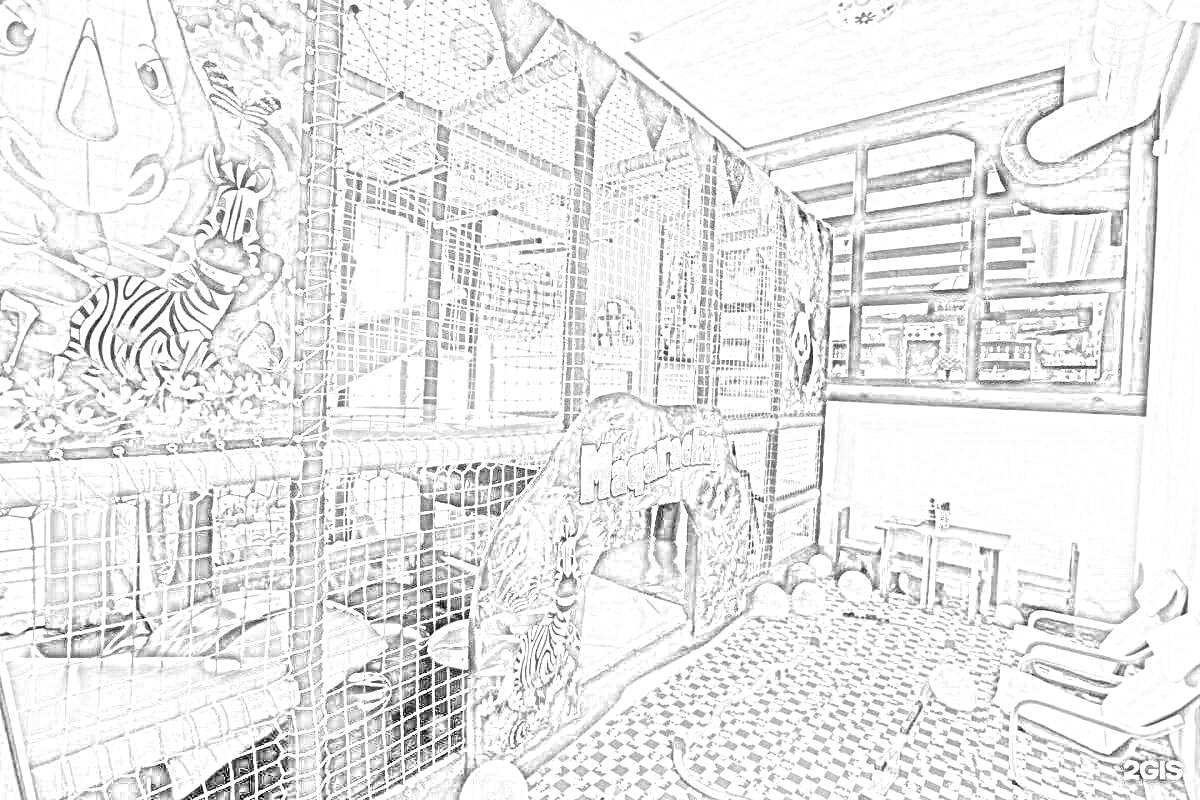 Раскраска Игровая зона в кафе с зоопарком, с деревянными и сетчатыми конструкциями, изображением животных на стенах, горками, тоннелями, столиками и креслами