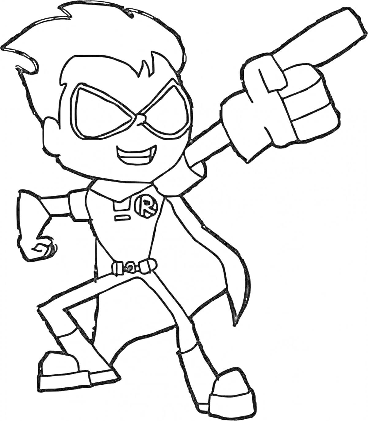 Раскраска Робин в супергеройском костюме, стоящий в боевой позе с поднятой рукой и указующим пальцем