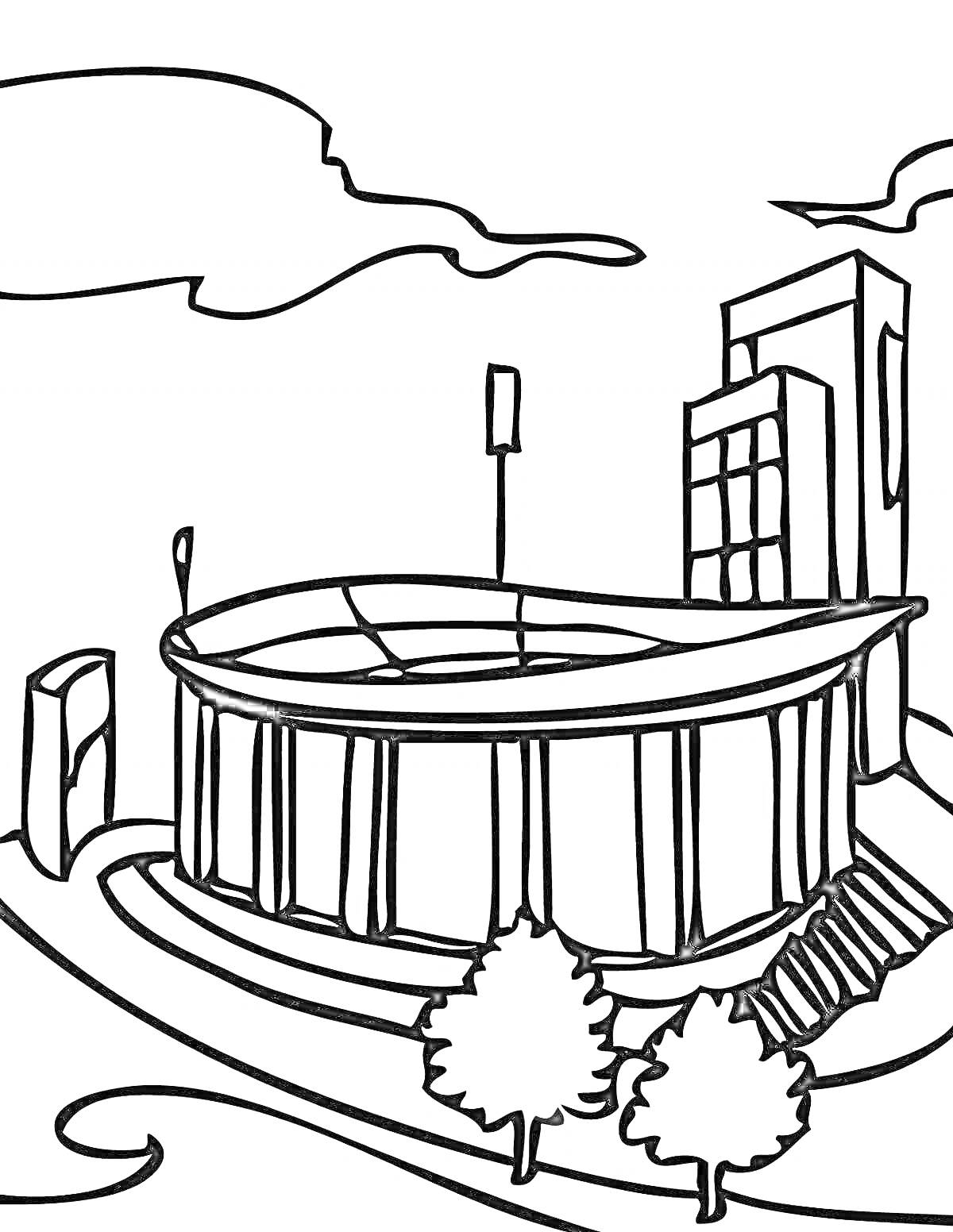 На раскраске изображено: Стадион, Облака, Высокое здание, Архитектура, Спорт