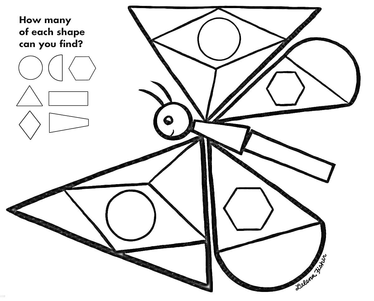 Раскраска Бабочка с кругами, треугольниками, прямоугольниками, пятиугольниками и ромбами