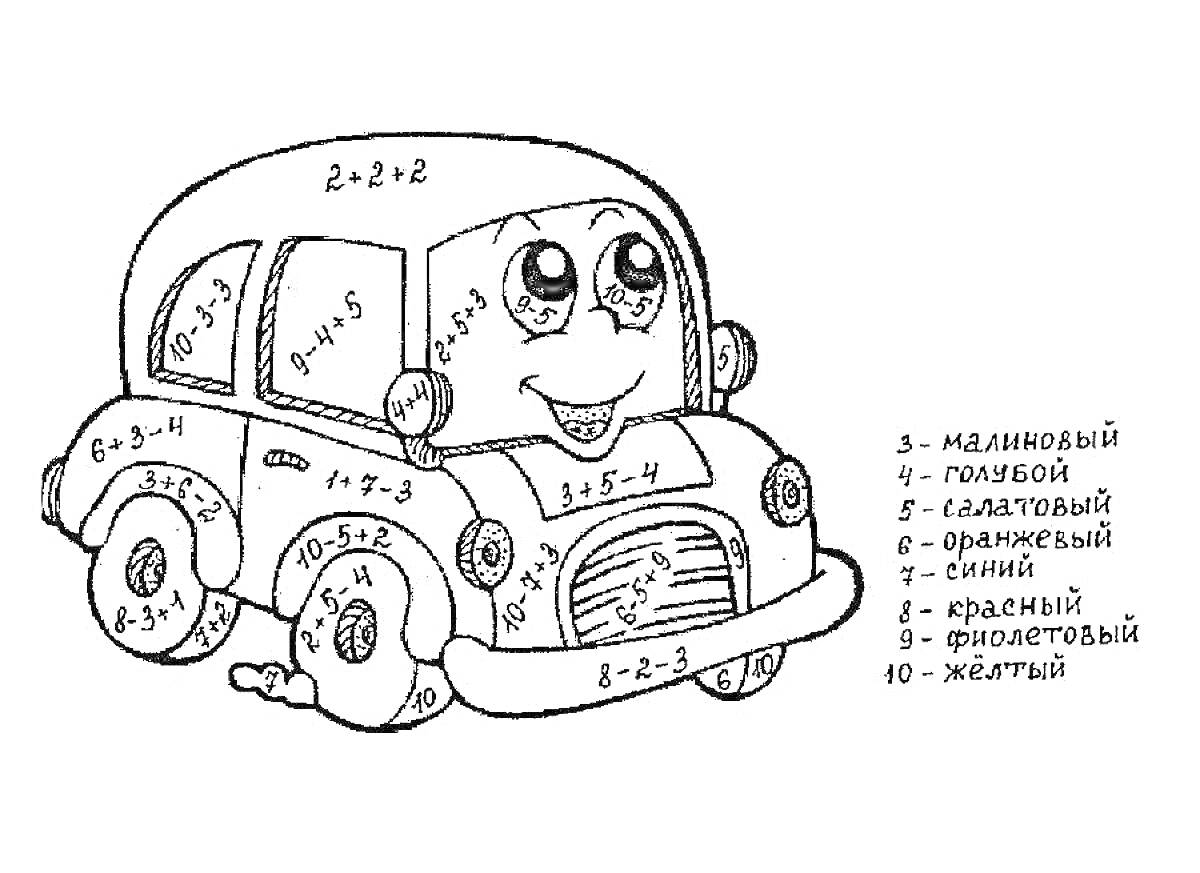 Раскраска Раскраска автомобиля с номерами на основе сложения и вычитания в пределах 10