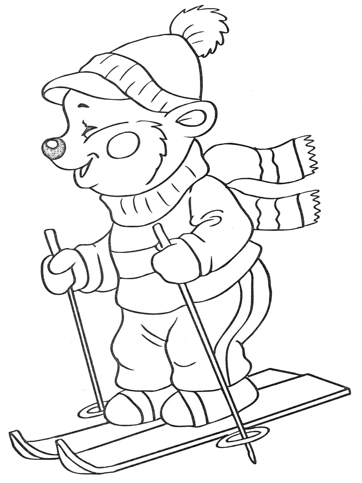 Медвежонок на лыжах в зимней одежде