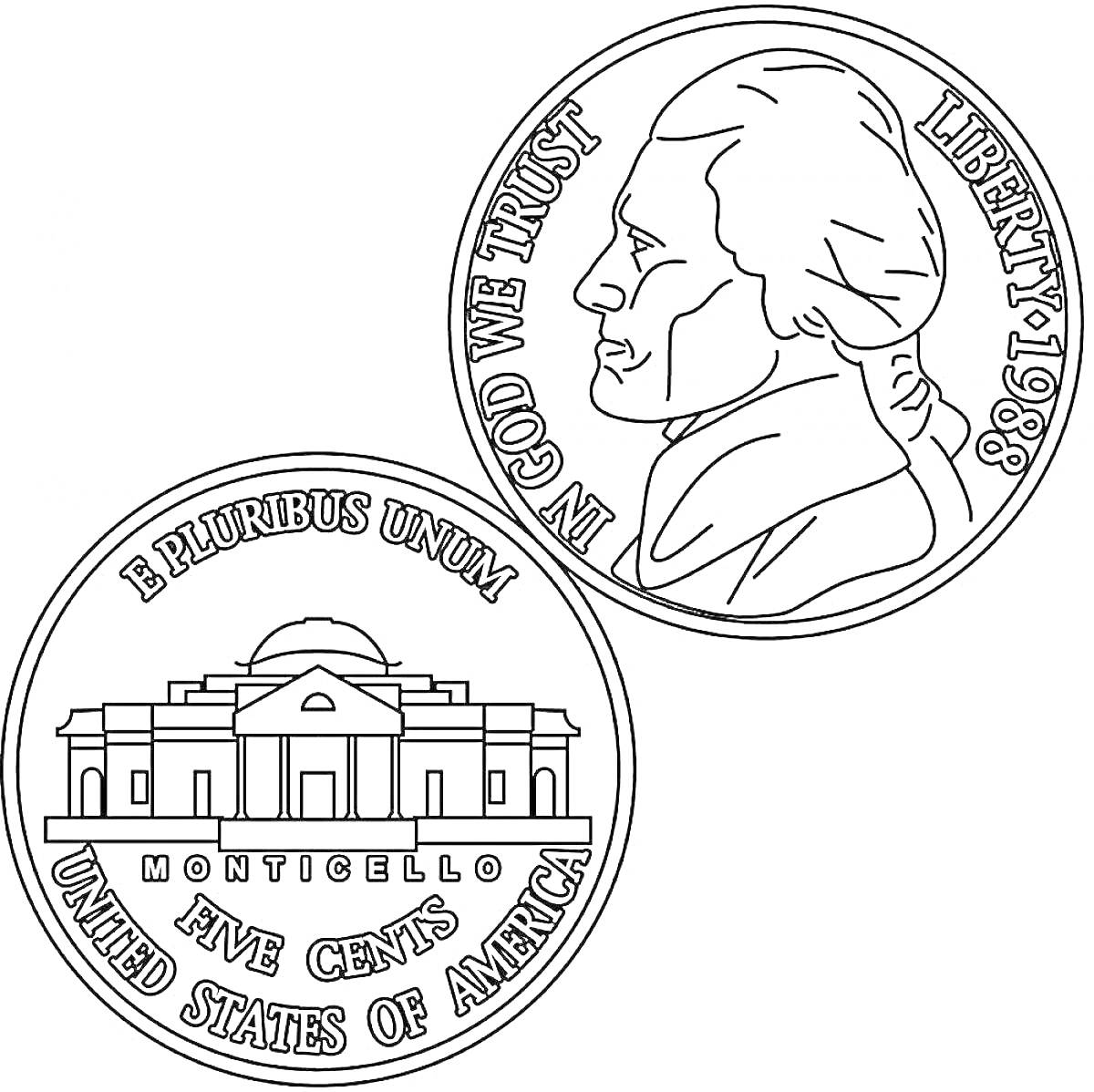 Раскраска монета США номиналом 5 центов 1988 года с изображением Томаса Джефферсона и Монтичелло