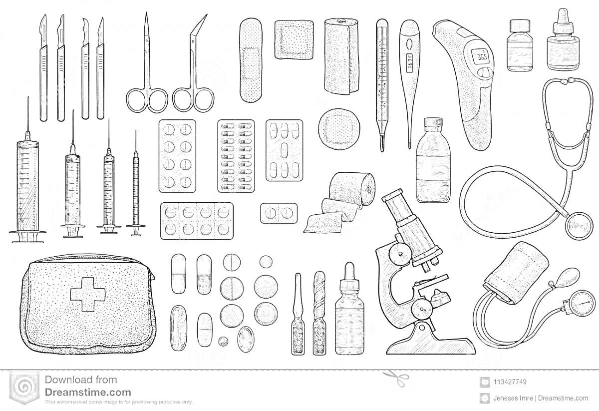 На раскраске изображено: Шприцы, Скальпель, Ножницы, Пластыри, Пинцет, Термометр, Бинты, Стетоскоп, Таблетки, Капсулы, Аптечка, Микроскоп