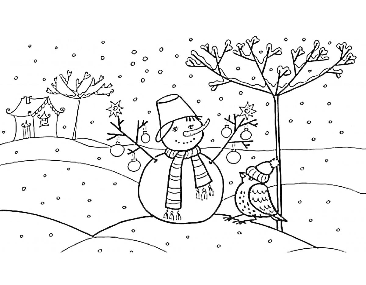 Раскраска снеговик с шапкой и шарфом рядом с птицей в шапке, зимний пейзаж с домами и деревьями, падающий снег
