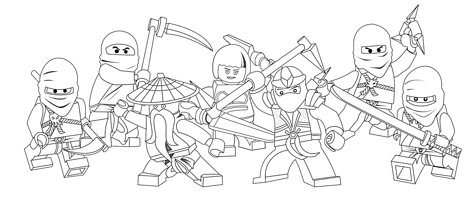Раскраска Лего Ниндзя Го, группа из шести ниндзя с оружием (мечи, копье, лук)