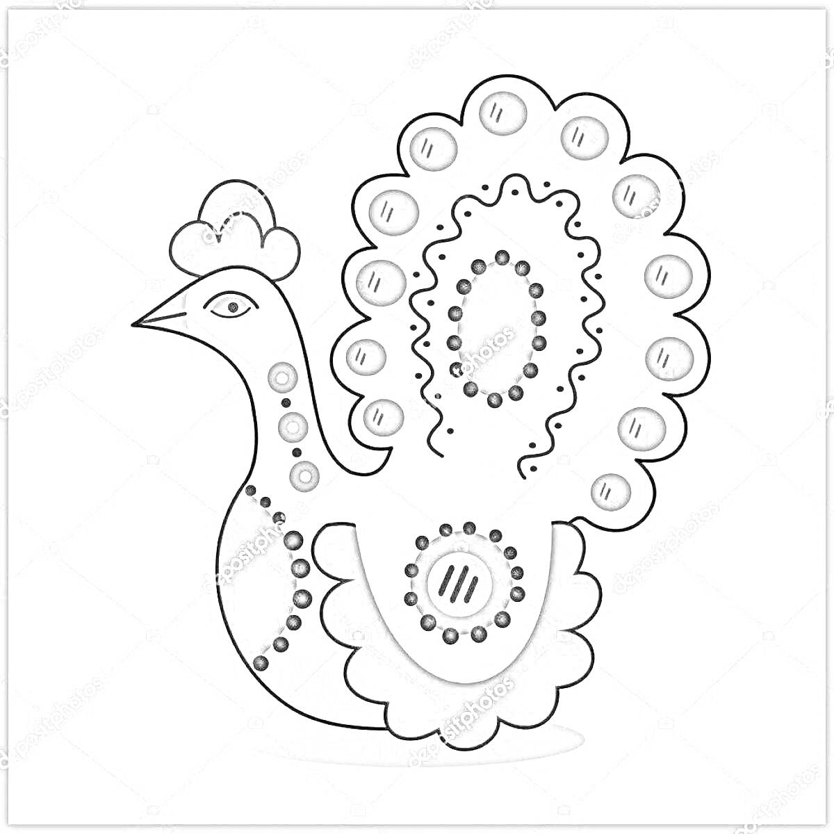 Раскраска дымковская игрушка петушок с большим хвостом, волнистыми росписями на хвосте, круглыми точками, рисунком в центре и гребешком