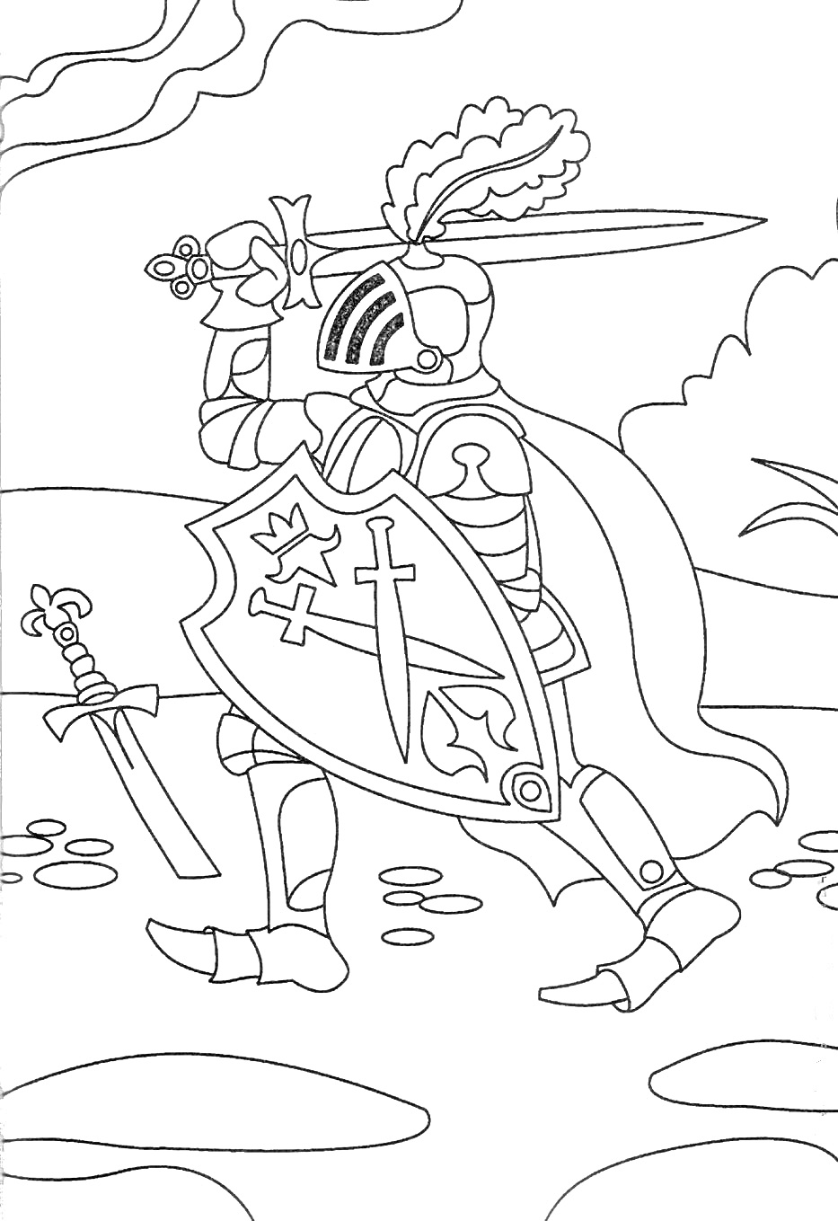 Раскраска Рыцарь с мечом, щитом и пером на шлеме, на фоне природы