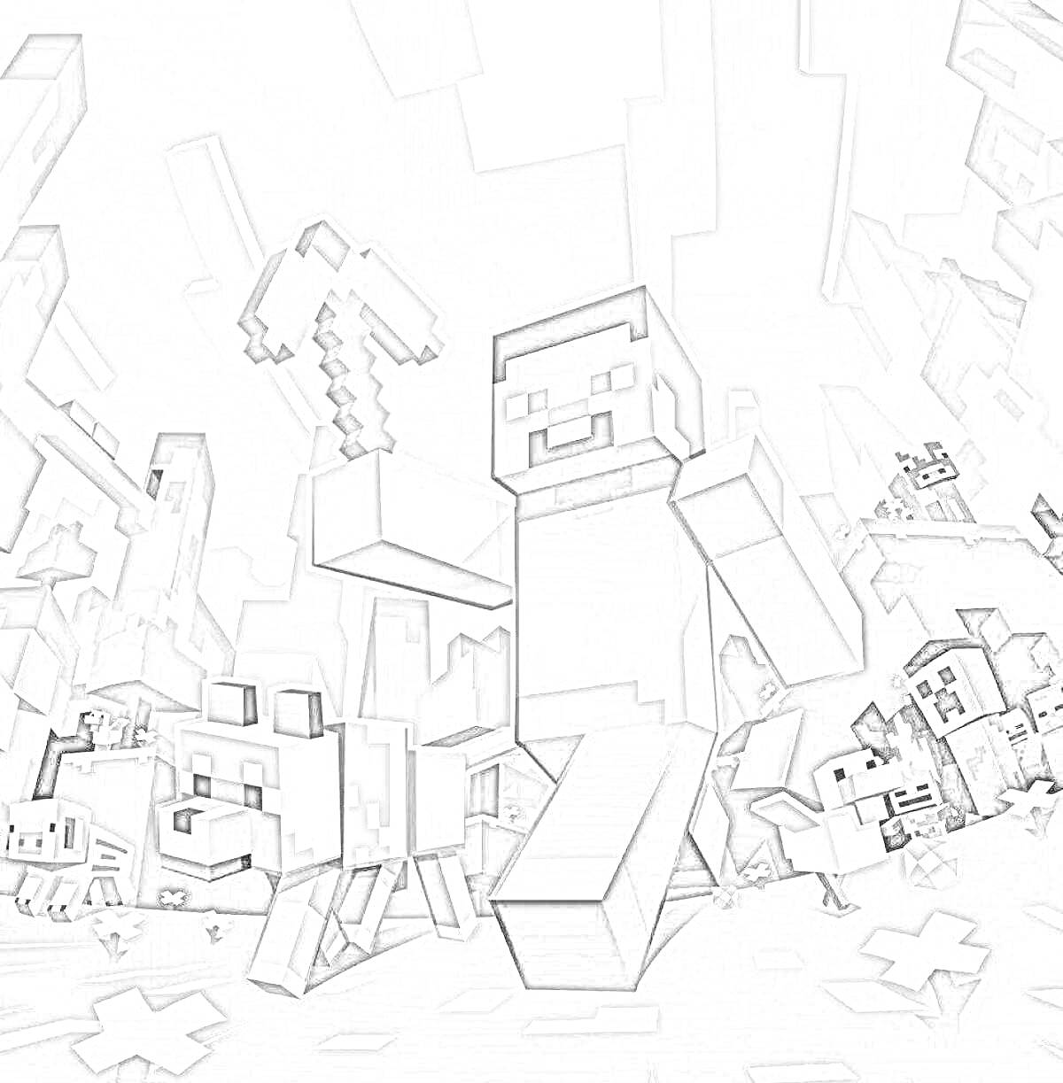 РаскраскаПерсонаж с киркой и животными на фоне пейзажа из Minecraft