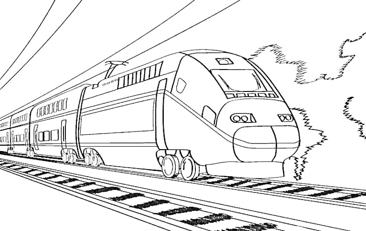 Раскраска Скоростной поезд на железнодорожных путях с проводами для электрификации и деревьями на заднем плане