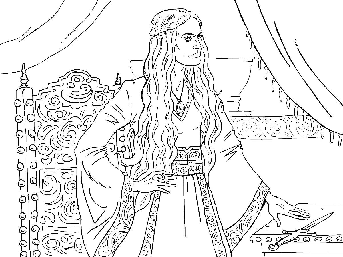 Раскраска Женщина в богато украшенном платье на троне с завесами