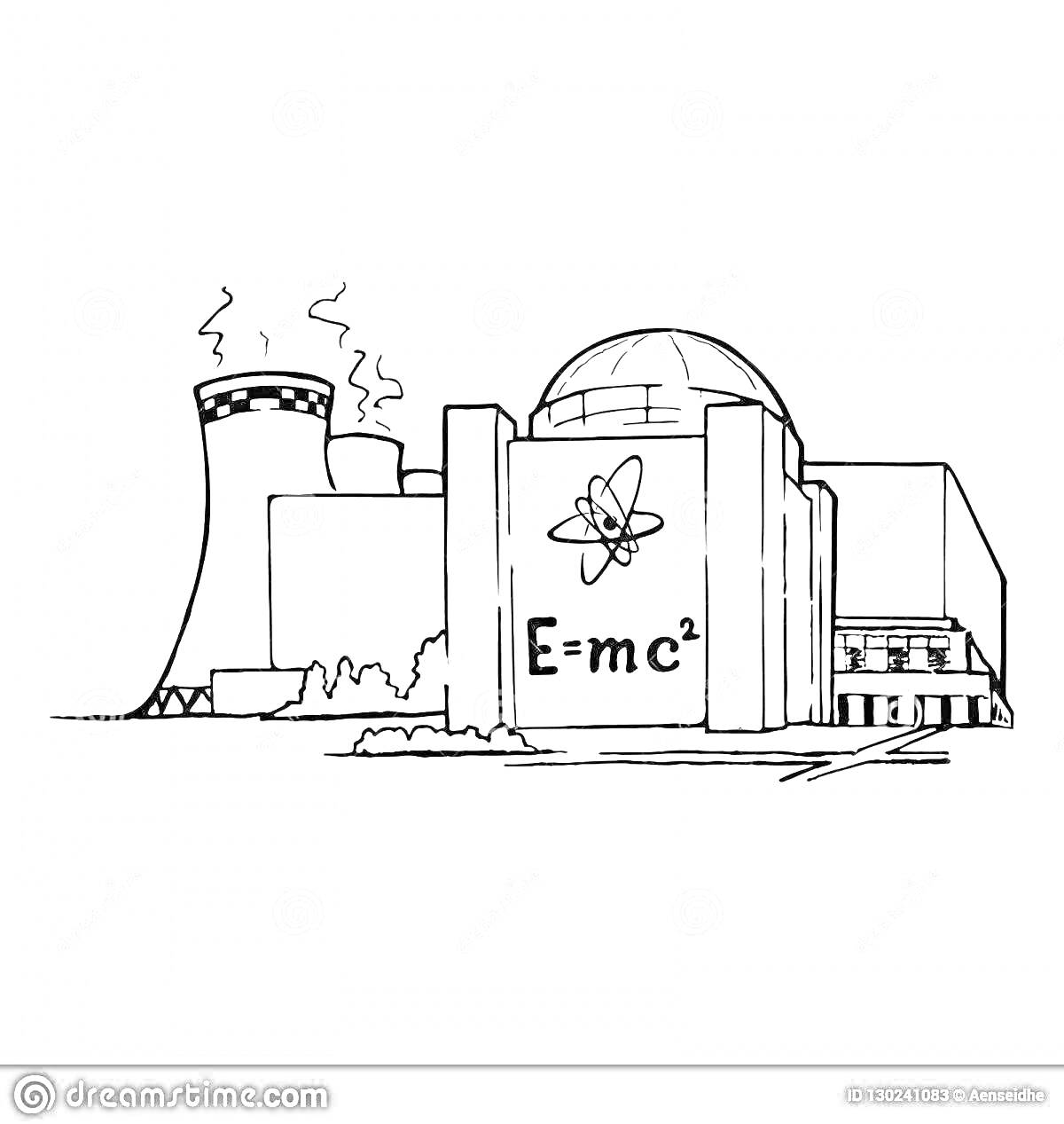 На раскраске изображено: Атомная электростанция, АЭС, Реактор, Энергия, Наука, Физика, Формула