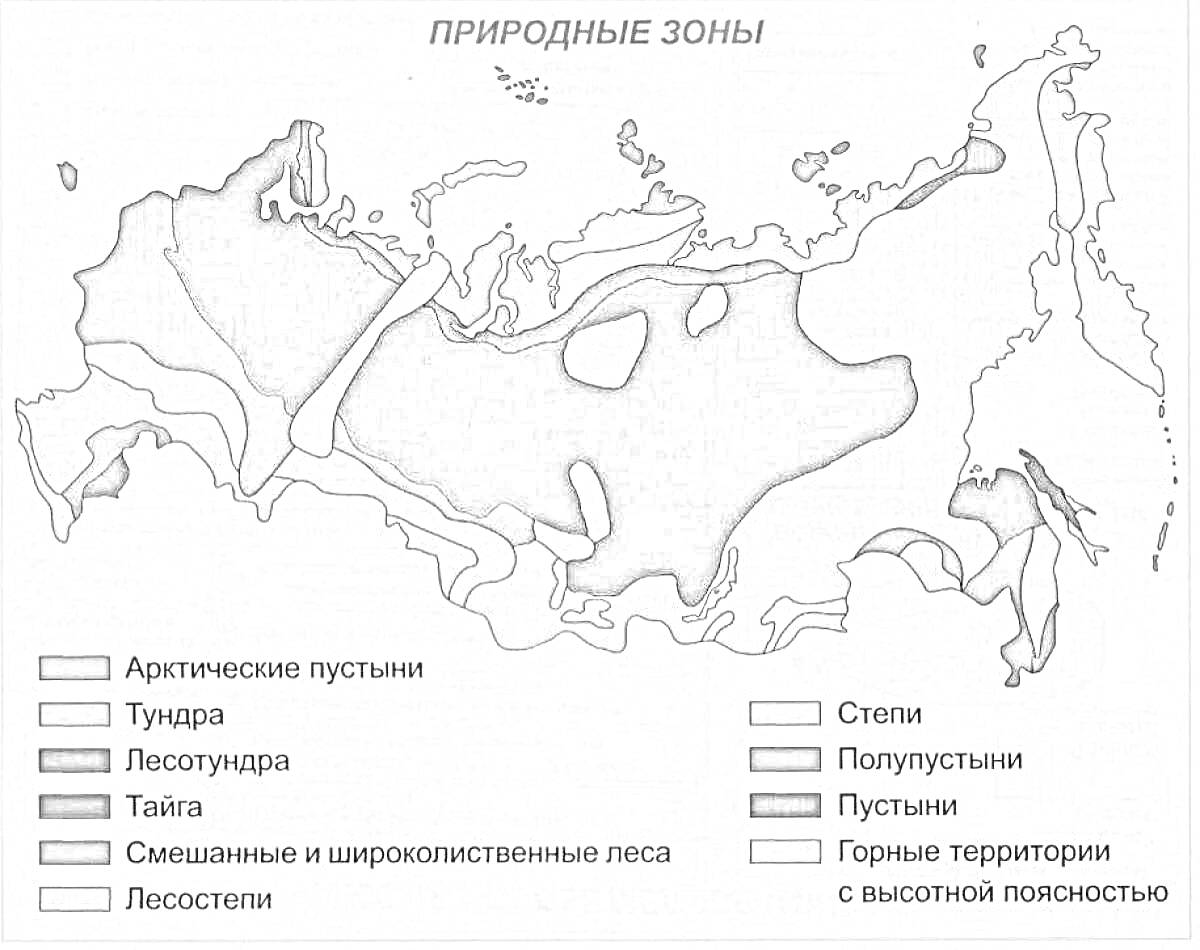 Раскраска карта природных зон России, изображающая арктические пустыни, тундру, лесотундру, тайгу, смешанные и широколиственные леса, лесостепи, степи, полупустыни, пустыни, горные территории с высотной поясностью