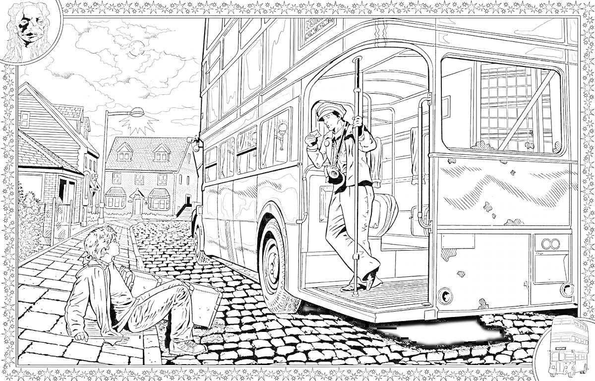 Раскраска Гарри Поттер и Ночной Рыцарь: прибытие автобуса в деревушку
