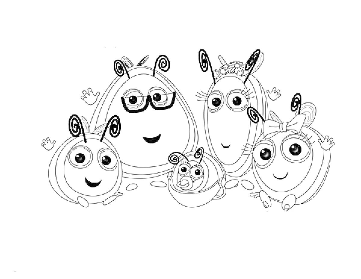 Раскраска Пчелиная семья: папа в очках, мама с цветком на голове, две дочки с бантиками и маленький сын-бабочка