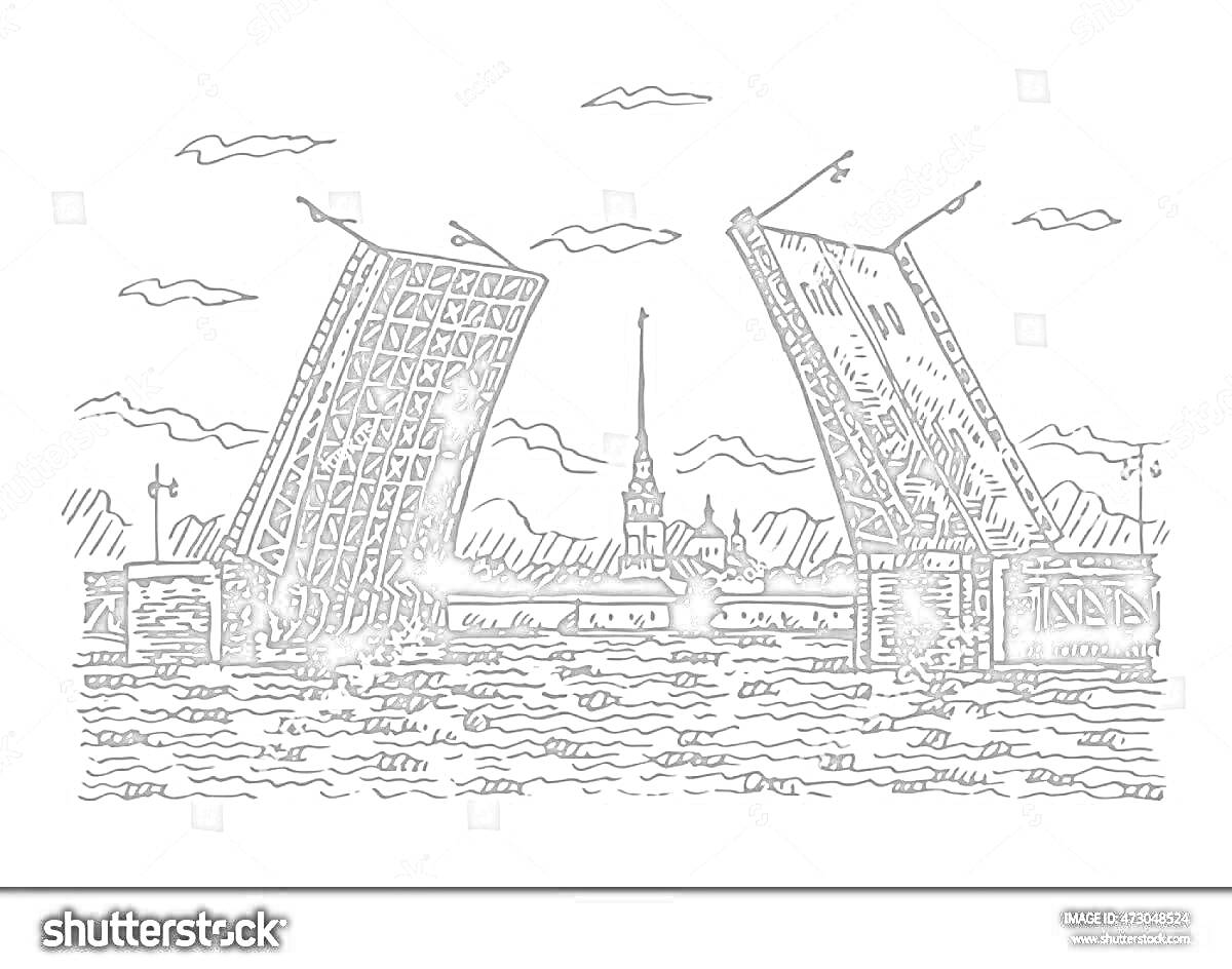 На раскраске изображено: Санкт-Петербург, Разводной мост, Петропавловская крепость, Река, Облака, Для детей