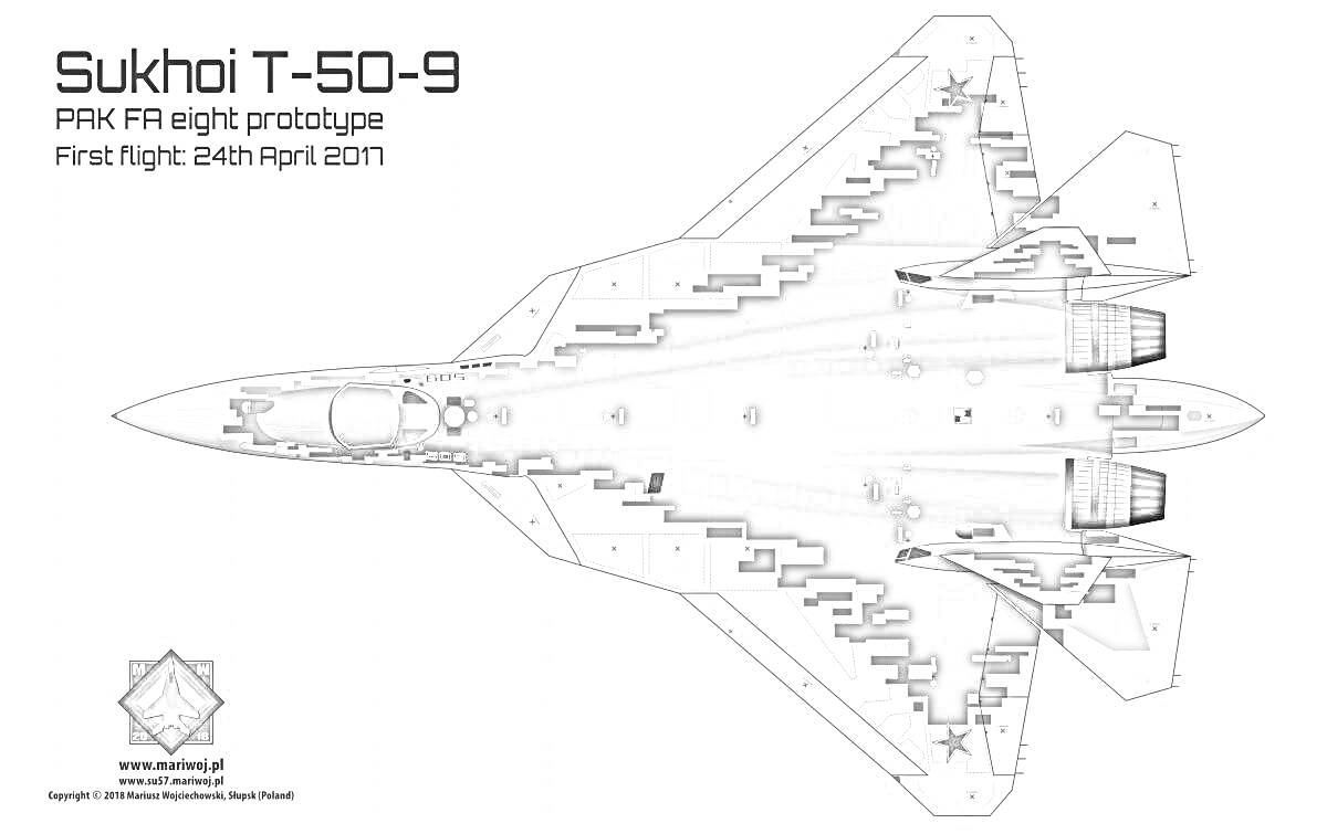 Раскраска Раскраска Су-57 (Sukhoi T-50-9) с указанием даты первого полета