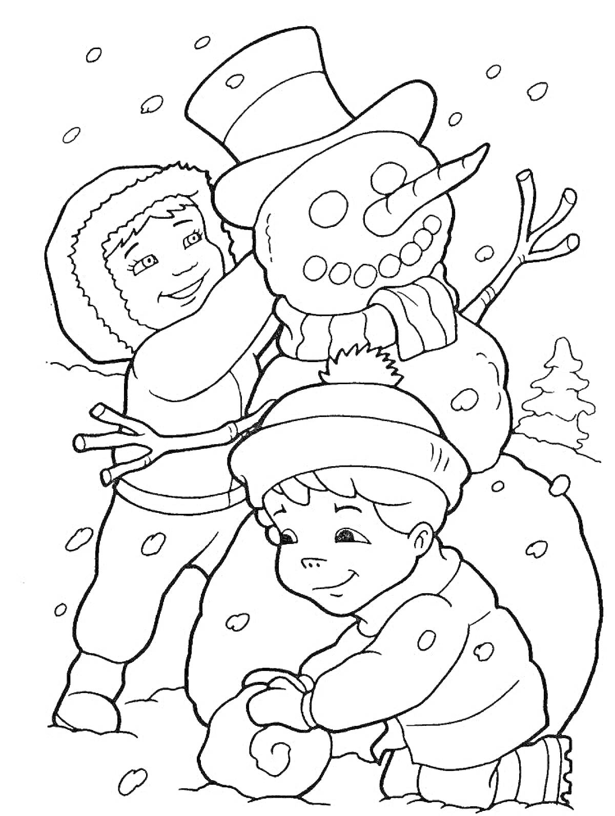 Раскраска Дети лепят снеговика и играют в снежки на зимней улице