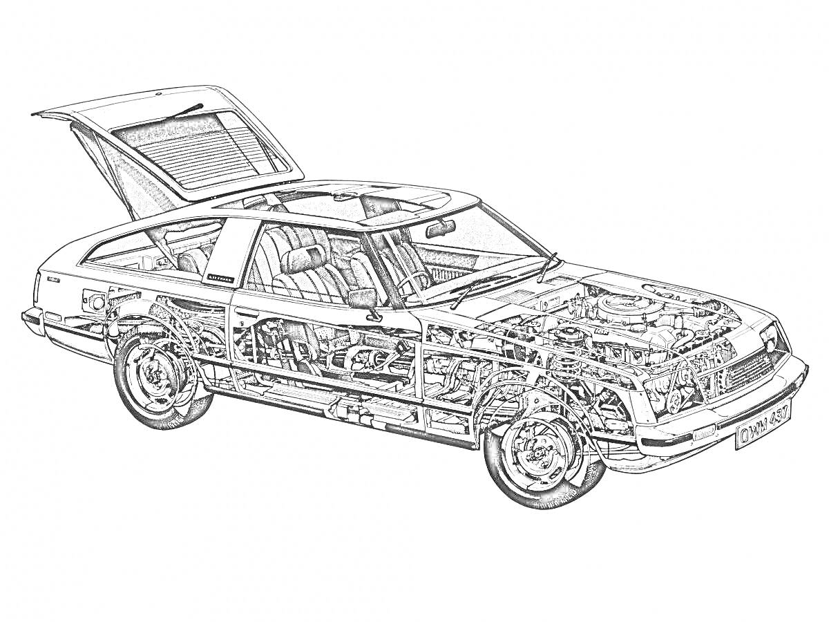 Toyota Celica с открытым багажником и видимыми внутренними элементами