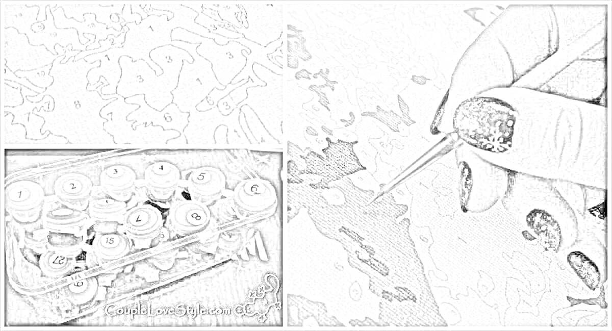 Раскраска Раскраска по номерам: процесс реанимации красок, краски в контейнерах с номерами на крышках, рука с кисточкой, открытка процесс раскрашивания