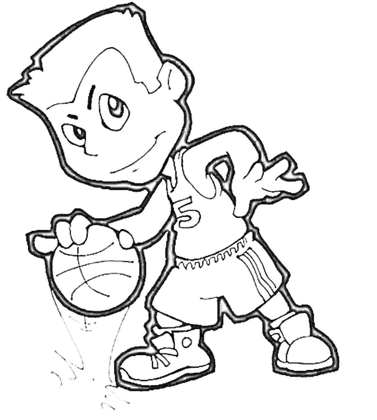 На раскраске изображено: Мальчик, Баскетбол, Спорт, Обувь, Мячи