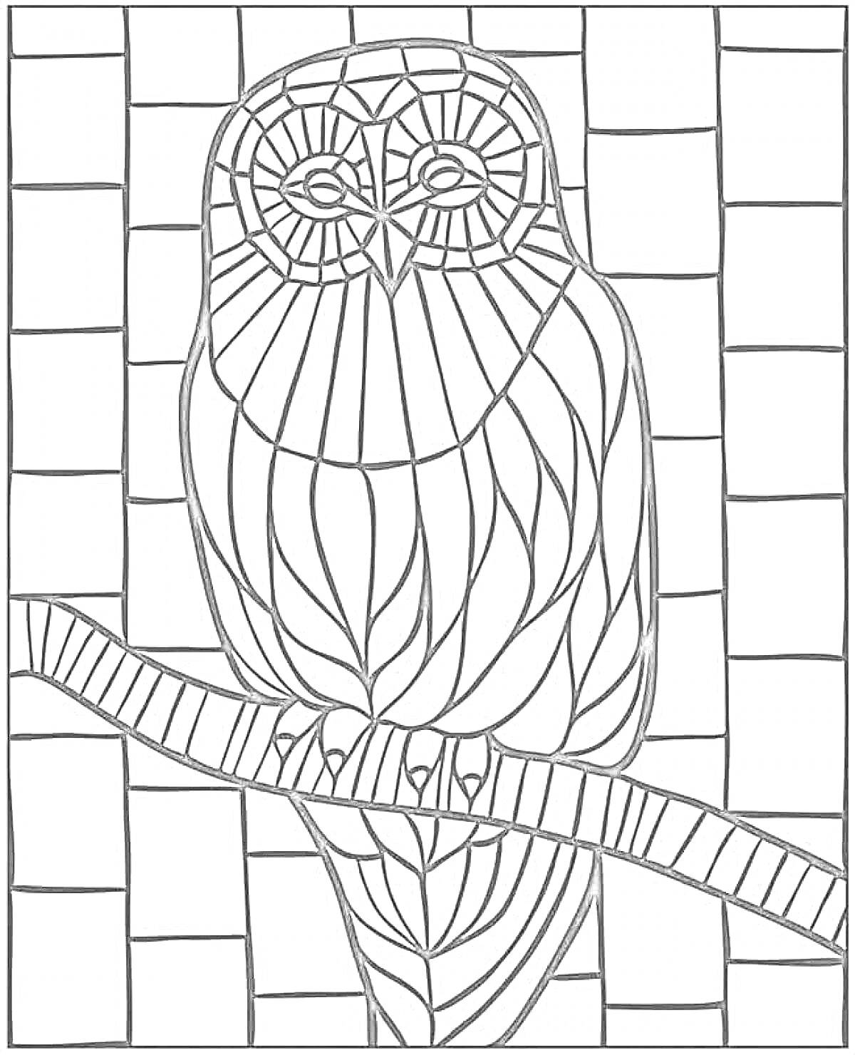 Раскраска Витраж с совой на ветке